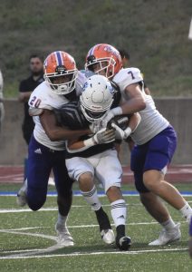 Valley defensive backs junior Jonathan Bailey (20) and senior Tyler Grandidier team up to bring down a Culver-Stockton ball carrier during the Vikings’ 28-16 win in Canton Saturday. Bailey had six total tackles, 1-1/2 tackles for loss and a pass break-up and Grandidier two total tackles. Hobby King/Democrat-News
