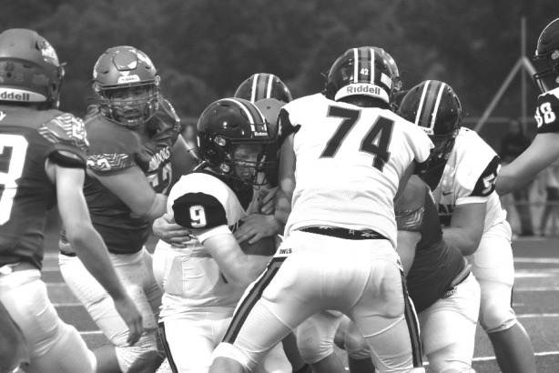 Marshall senior running back Brendan Weaver (9) found running room scarce versus the Mexico Bulldogs. According to Owls’ head coach Ian Verts, Weaver was injured in the game and will miss the homecoming matchup with Kirksville. Hobby King/Democrat-News