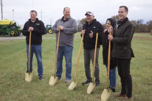 A groundbreaking ceremony was held for Ag-Power Inc. in Marshall on Tuesday afternoon, Oct. 25. Pictured left to right are: Eric Woodward, store manager in Marshall; Aaron Plattner, general manager; Jack Radke, Kym Radke and Carson Radke — owners of Ag-Power. Danielle Linton-Hatfield/Democrat-News