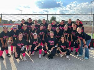 The Marshall Lady Owls’ softball team was all “Pinked Out” at Moberly. The Lady Owls won 4-3 in nine innings Thursday. Contributed image