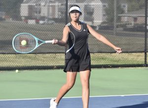 MHS sophomore Dianna Escarate (above) teamed up with freshman Kennedy King to win the No. 3 doubles match during the Lady Owls’ 5-0 Class 1, District 13 semifinal team match win over Knob Noster Tuesday. The Lady Owls play Higginsville for the district championship at 4:30 p.m. Wednesday at MHS. Hobby King/Democrat-News