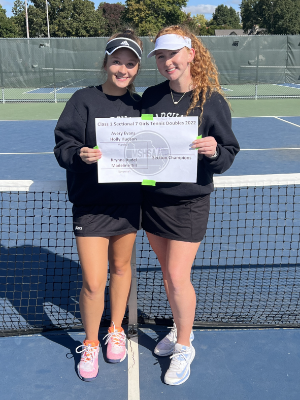 Sophomore Avery Evans and junior Holly Huston teamed up to qualify for the Class 1 State Tournament in doubles play. The Marshall duo defeated a Savannah doubles team in the sectional round and will play in Springfield Friday. Contributed image