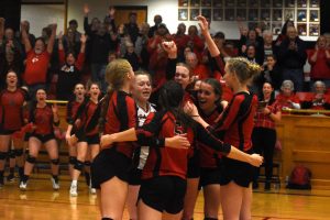 It was celebration time for the Santa Fe Lady Chiefs as they swept the visiting Osceola Lady Indians in a Class 1 Sectional match at Alma Thursday. The Lady Chiefs play their quarterfinal match at Tarkio Saturday. Hobby King/Democrat-News
