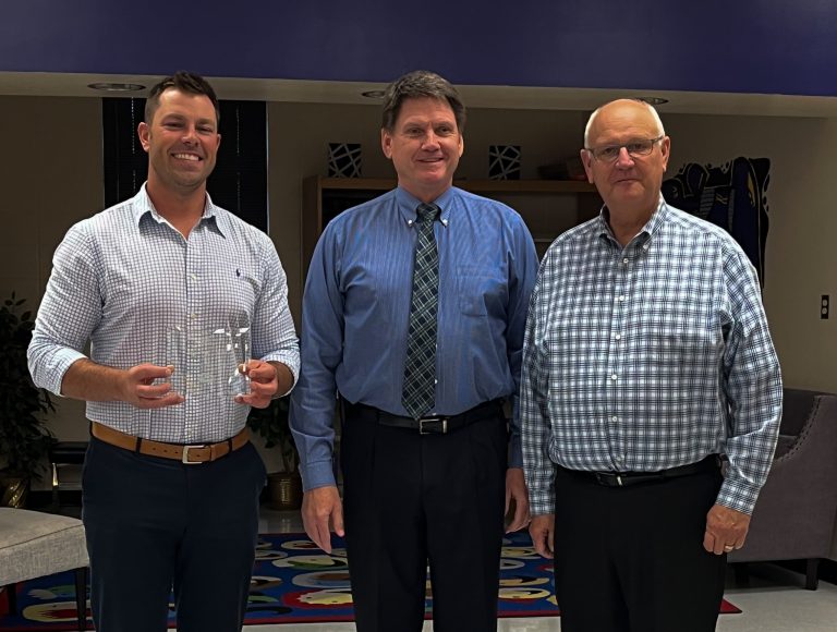 During the Slater School Board meeting Tuesday, Oct. 25, Exchange Bank was recognized as Partners in Education. Pictured left to right are: Travis McCann, vice president lending; Slater School District Superintendent Terry Lorenz; and Bud Summers, Slater Exchange Bank branch president. Danielle Linton-Hatfield/Democrat-News