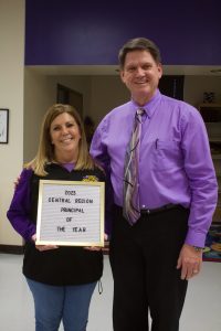 Slater School District Elementary and Junior High Principal Becky Drummond (left) is recognized as the 2023 Central Region Principal of the Year on Tuesday, Nov. 22. Superintendent Terry Lorenz (right) presented her with a temporary plaque at the Board of Education meeting. Danielle Linton-Hatfield/Democrat-News