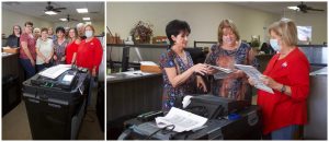 Left photo: The Saline County Clerk’s Office holds the public test for the voting machines that collect ballots on Thursday, Nov. 3. A small group of people observed the testing. Right photo: From left to right, Saline County Clerk Debbie Russell shows Judy Borges, Republican representative, and Susan Hunter, Democrat representative, how to put sample ballots in the voting machine. Danielle Linton-Hatfield/Democrat-News