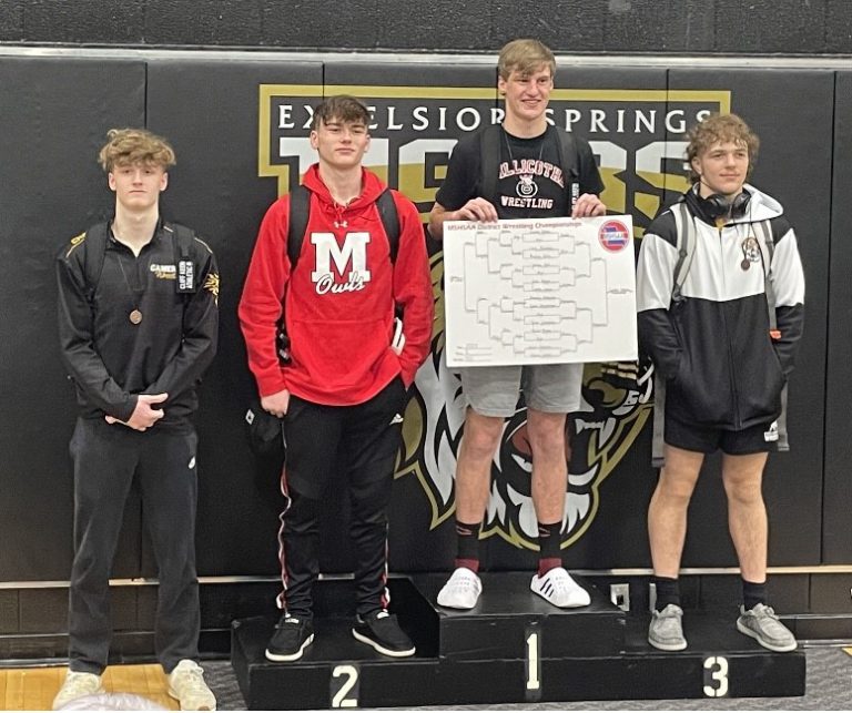 Marshall junior Brenden Marquess (second from left) finished second in the 157-pound weight class at the Class 2, 4 Tournament. He finished the day 3-1 in matches, and advances to the state tournament. (Contributed image)