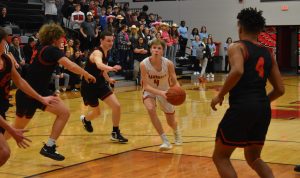 Marshall freshman Chase Thompson (4) came off the bench to give a huge lift versus Hannibal Friday. Thompson had a team-high 15 points, and the Owls broke a 17-game NCMC losing streak with a 54-42 victory on Kevin Hart Court. (Hobby King/Democrat-News)