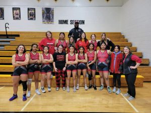 The Marshall Lady Owls’ wrestling team captured the North Central Missouri Conference crown with a 48-30 win at Fulton Tuesday. Pictured are (from left) front, Ayla Castaneda, Olivia Martin, Mareli Andrade-Gonzales, Teagan Beach, Milandi Linares, Dalia Garcia, Georgie Jackson, Joanna Solano, Kelly Rubio, head coach Summer Young; middle, Colleen Allen, Sherlyn Solano, Samara Serrano, Gyovanna Croka, Emmi Boling, Jade Setter; back, assistant coach Blue Winston. Not pictured: Amaiya McClinton, manager Fawna Hopson and assistant coach Carla Garcia. (Contributed image )