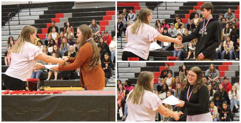 Marshall High School senior Natalie Johnson (left) is recognized for her academic excellence on March 7. She receives a certificate and medallion. Other seniors who were recognized included seniors Matthew Robbins (top right) and Kylie Dickinson (bottom right), to name a few. Contributed images