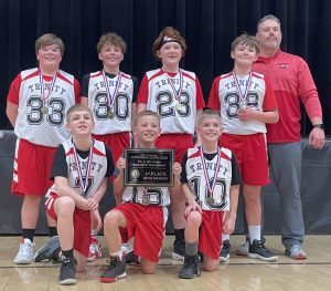 The Trinity Lutheran School in Alma 4th- through 6th-grade boys basketball team finished up its season 14-3. Over the Presidents’ Day weekend, the Tigers won first place in the Lions Club Tournament at Concordia. Pictured are (from left): front, Liam Cotham (fourth-grader), Masen Dedman (fifth), Paxton Hemme (fourth); back, Tyler Tebbenkamp (sixth), Korben Dierking (sixth), Harrison Meyer (seventh), Ryker Moenkhoff (sixth) and coach Tim Dierking. Not pictured: Eli Mullins (fourth). (Contributed image )