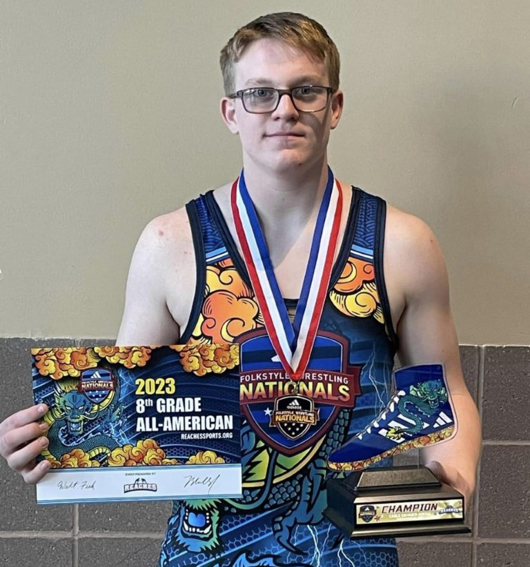 Bueker Middle School eighth-grader Tyler Brooks won the National title at the Adidas Folkstyle National Wrestling Tournament this past Saturday. Contributed image