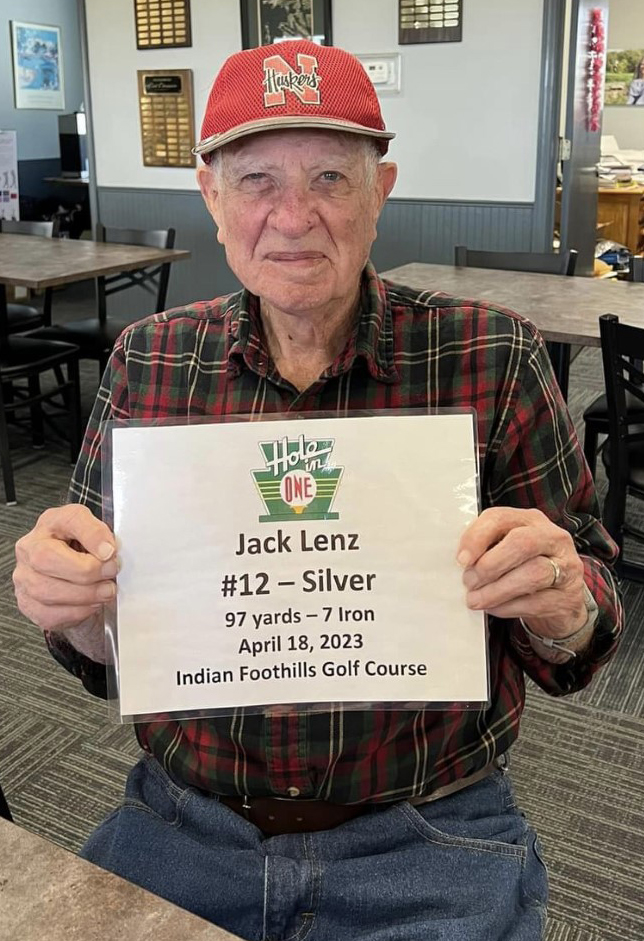 Jack Lenz of Marshall hit a hole-in-one on the No. 12 hole at the Indian Foothills Golf Course Tuesday. The 88-year-old Lenz fired his ace using a 7-iron from the silver tees — 97 yards. It was the first hole-in-one on the new No. 12. Lenz currently is the oldest member/player at Indian Foothills Golf Course. (Contributed image)
