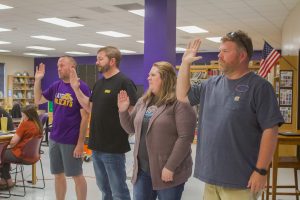 After the Slater School Board called a regular meeting to order Tuesday, April 18, elected members took the Oath of Office. Pictured left to right are: Michael Schure, Matt Campbell, Jayme England and Tedd Wiseman. Danielle Linton-Hatfield/Democrat-News