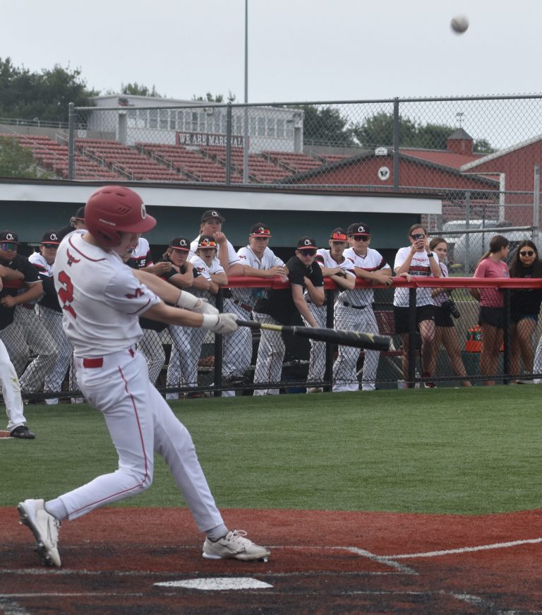 MHS freshman Chase Thompson swatted a walk-off double in the bottom of the 10th inning of the Class 4, District 13 first-round game versus Richmond Saturday. The Owls won 7-6 to advance to the semifinal round. (File Photo Hobby King/Democrat-News)