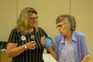Doris Yager (right) for the Slater School District is recognized for her 13 years of service in the Foster Grandparent Program. Yager is presented with an award by Slater Schools First Grade Teacher Staci Meyer (left), who speaks highly of the foster grandparent. Yager will be retiring from the FGP after 2023. Danielle Linton-Hatfield/Democrat-News
