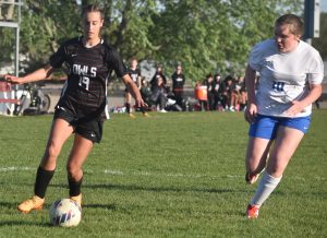 MHS freshman Jadyn Jenkins (19) controls the ball inside the Boonville box. Jenkins scored a goal and had an assist in the Lady Owl’s 5-0 victory Tuesday. The Lady Owls play Hannibal in pivotal NCMC game at home at 5 p.m. Friday. (Hobby King/Democrat-News)