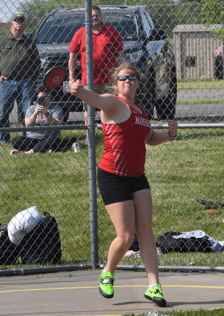 Marshall sophomore Riley Wilkinson won the conference discus event with a throw of 106 feet, 11.5 inches Friday at MHS. (Hobby King/Democrat-News)