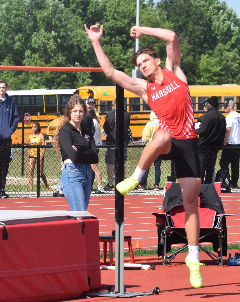 Marshall junior Stephen Caviness suffered some misses along the way, but cleared the high-jump bar at 1.9 meters or 6 feet, 2.75 inches. He had a PR of 1.93 meters or 6-4 at the district meet the week before. (Hobby King/Democrat-News)