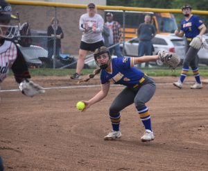 Lady Greyhounds' junior pitcher Lauren Shahan makes a play to throw out a Concordia runner in the early going. But the Lady Orioles scored four runs in the first, second and fourth frames, en route to a 12-0 win in the Class 1 Quarterfinal game at Sweet Springs Tuesday. (Hobby King/Democrat-News)