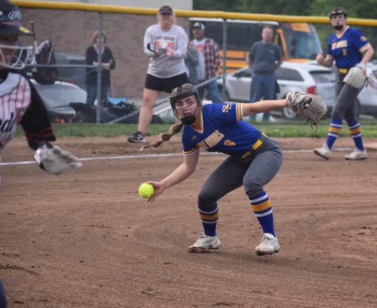 Lady Greyhounds' junior pitcher Lauren Shahan makes a play to throw out a Concordia runner in the early going. But the Lady Orioles scored four runs in the first, second and fourth frames, en route to a 12-0 win in the Class 1 Quarterfinal game at Sweet Springs Tuesday. (Hobby King/Democrat-News)