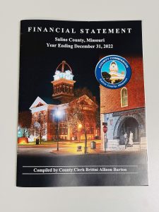 Saline County Clerk Brittni Burton compiled the financial statement year ending in Dec. 31, 2022, then had it formatted to a magazine. Copies of it can be picked up from the County Clerk’s Office on the square in Marshall at 9 East North St. Danielle Linton-Hatfield/Democrat-News