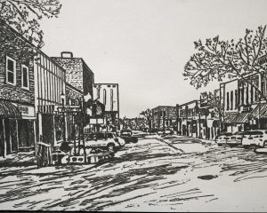 A Warrensburg scene was created by Bob Gaw using pen and ink and can be seen along with many other works in the MMS Summer Exhibition in the UCM Gallery of Art and Design through July 8. Contributed image