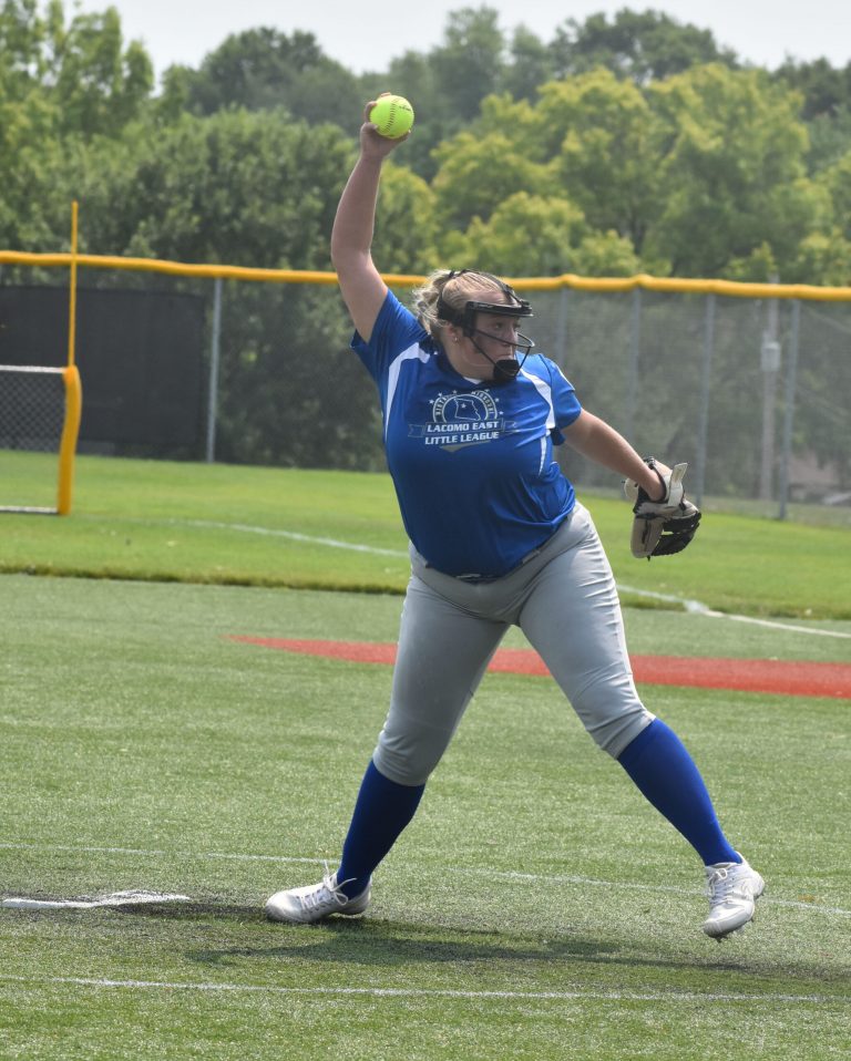 LaCoMo East’s Taylor Thies of Slater delivers a pitch in the first-round game of the state tournament at Marshall High School Saturday. LaCoMo East lost the opener 16-6. (Hobby King/Democrat-News)