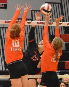 MHS senior Candice Smith (17) attempts a kill versus Kirksville Tuesday. Smith suffered an injury in the first set and could not return. The Lady Owls lost the five-set match. (Hobby King/Democrat-News)