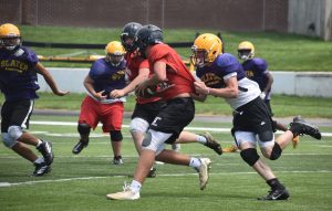 Wildcat Keiton Head attempts to bring down the Lockwood ball carrier, while Adrian Salazar plays off a block to try to get in on the tackle. (Hobby King/Democrat-News)