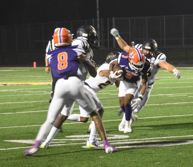 Valley junior wide receiver Khaleel Damphier (3) fights for extra yards after a reception. Damphier caught an 18-yard pass from senior quarterback Tionne Harris with 15 seconds left in regulation, lifting the Vikings over nationally ranked Graceland 49-42 last Saturday in Lamoni, Iowa. (Hobby King/Democrat-News)