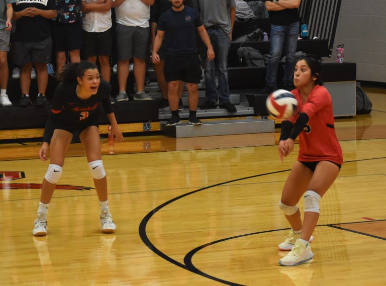 Lady Owl junior Vanessa Andrade records one of her nine digs versus Chillicothe. The Lady Owls dropped to 0-15 with a three-set loss Monday night. (Hobby King/Democrat-News)