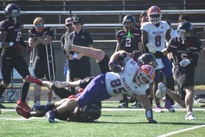Valley junior tight end Brent Clary (85) stretches to gain the extra yard. Clary caught three passes for 36 yards in the Vikings’ 31-7 loss to Benedictine in Atchison, Kan., last Saturday. (Hobby King/Democrat-News)