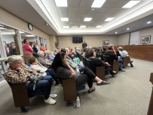Members of the Marshall community attend a public forum Tuesday night, Oct. 17, regarding a proposed termination of MOU for Marshall Animal Shelter. Danielle Linton-Hatfield/Democrat-News