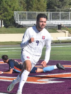 Valley freshman forward Kerim Akpinar celebrates after netting one of his three goals versus Baker. The Vikings improved to 7-3 overall and 6-0 in the Heart of America Athletic Conference. (Hobby King/Democrat-News)