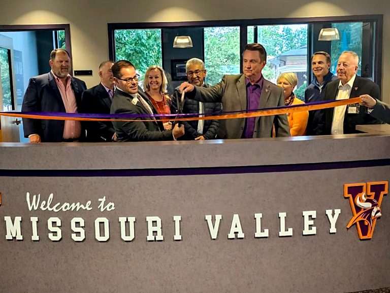 A ribbon cutting is held for Missouri Valley College's new Welcome Center, formerly the Technology Center, on Friday, Oct. 13. The facility is located across from Murrell Memorial Library and will house admissions and student success staff. Contributed image