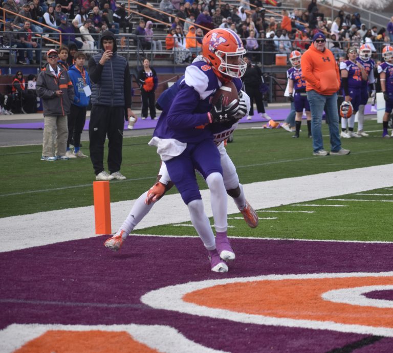 Valley senior Dorian Miles (8) hauls in a touchdown pass from Tionne Harris in the second quarter. Miles made three catches for 42 yards in the 48-14 loss last Saturday. (Hobby King/Democrat-News)