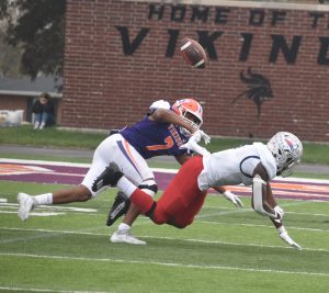Valley senior defensive back Johnathan Bailey (7) knocks the ball away from a MidAmerica Nazarene receiver. Bailey totaled seven tackles (six solos), including one for a loss, and two pass break-ups. (Hobby King/Democrat-News)