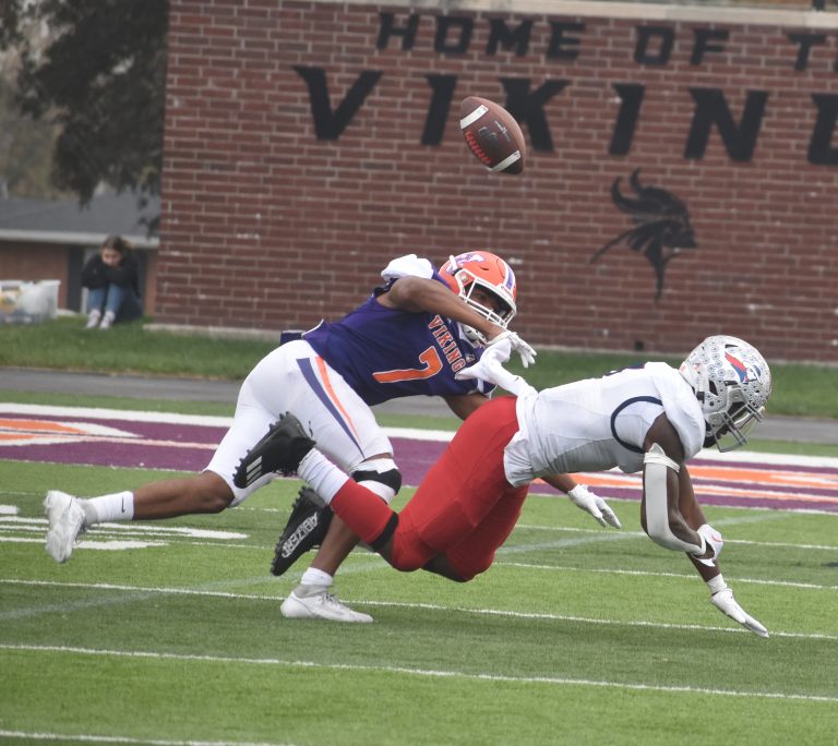 Valley senior defensive back Johnathan Bailey (7) knocks the ball away from a MidAmerica Nazarene receiver. Bailey totaled seven tackles (six solos), including one for a loss, and two pass break-ups. (Hobby King/Democrat-News)