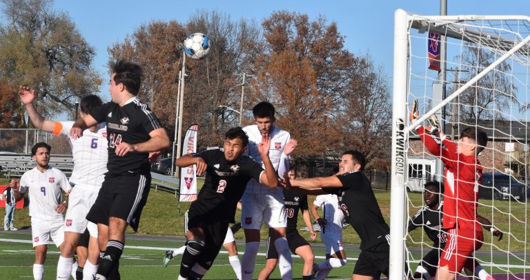 Valley junior midfielder Malik Hasanovikj (in white) gets in position for a header on a crossing pass into the Cumberland box. Hasanovikj scored on the header, increasing the Vikings’ lead to 3-0 about halfway through the first half. Hasanovikj scored two goals in the 6-3 victory Saturday. (Hobby King/Democrat-News)