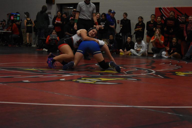 Ayla Castaneda (top) earned a spot at the Class 1 state tournament at Mizzou Arena. She went 2-2 at the Big Show and finished 38-20 in 2022-23. Now a junior, Castaneda will be moving up to the 155-pound weight class. (File Photo — Hobby King/Democrat-News)