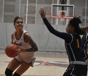 It was a record-setting day in the Burns Athletic Complex Saturday as the Missouri Valley College Lady Vikings won their sixth straight game, a 87-63 verdict over William Penn. Individually, Valley junior Gia Moore (1) needed 12 points to reach the 1,000-point milestone. All she did was score a program-record 36 points. Moore (1) drives to the basket to score a basket, the one that got her to the 1,000-point mark in her career. (Hobby King/Democrat-News)
