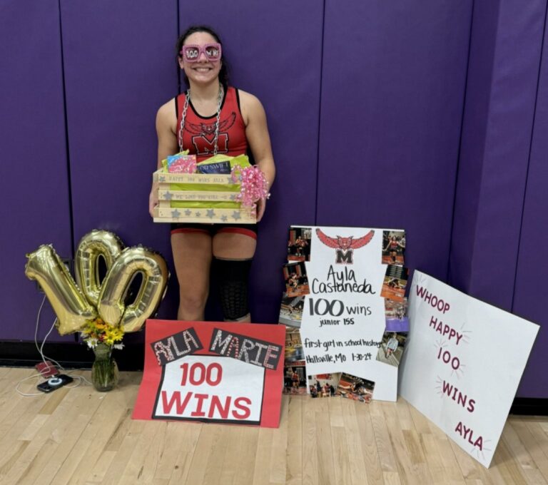 Lady Owl junior Ayla Castaneda made history Tuesday night at Hallsville. With two wins in the triangular with Macon, Castaneda became the first-ever Lady Owl grappler to reach 100 career wins. Castaneda improved to 38-8 this season. She was 24-20 as a freshman and 38-20 her sophomore season. (Contributed image)