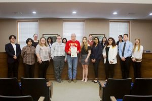On Monday morning, Feb. 12, Marshall Mayor Vince Lutterbie proclaimed for the Saline County Career Center that Feb. 11-17 is Future Business Leaders of America Week. The following pictured in the front row (left to right) are: Randy Vazquez; Marjorie Barcenas; Syndy Shivers; Chase Staton-Secretary/Treasurer; Lutterbie; Lauren Chaney-King-President; Dianna Escarate-Vice President; Yeneda Diaz; Whit Thomas; and Piper Brunson. Pictured in the back (left to right) are: Tracy Crumbaugh-Advisor; Damaris Escarate; Ashley Turcios; Brianna Carrillo; Alexa Aguilar; and Melyi Benitez. Danielle Linton-Hatfield/Democrat-News