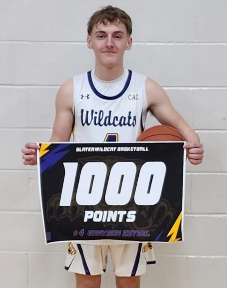 Slater senior Grayson Zdybel reached the 1,000-point milestone in last Saturday’s regular-season finale in front of the home fans. Zdybel poured in a career-high 43 points in the Wildcats’ 89-24 drubbing of Madison. (Contributed image)