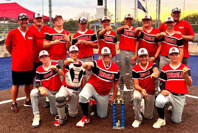 Contributed image The Rebels, a 14-and-under team of area baseball players, brought home the championship in the USSSA ‘A’ Tournament June 21-22 in Lee’s Summit. Pictured (left to right): front, Wyatt Aversman, Mason Fann, Emmitt Verts, Will Castaneda, Andrew Beumer; back, coach Joe Klinge, coach Jason Pointer, Kelar Pointer, Braylon Dowell, Myer Klinge, Kye Wilcoxson, Brock Waters, Brant Shepard and coach Ian Verts. Not pictured: coach Scott Fann and coach Daniel Castaneda.