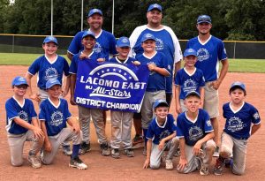 Contributed image The LaCoMo East 9U baseball all-stars won the district tournament. Pictured are (from left): front (kneeling), Jacob Sullivan, Kade Rennison, Bennett Werths, August Brackman, Ryan Cooper; middle, Leo Hubbard, Dax Lane, Jaxon Smith, Graham Thomas, Hudson Estes; back, coach Tyler Rennison, coach Ben Thomas, coach Collin Werths.