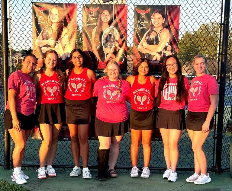 MHS girls' tennis seniors recognized at home tennis match versus Chillicothe Monday, Sept. 30. From left are: Kaylen Alvarez, Avery Evans, Dianna Escarate, Bailey Riley, Kelly Rubio, Michelle Lin and Lauren King. (Contributed image)