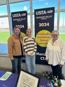 Marshall Junior Tennis President Susan Carney (right) was on hand to accept two awards during the Missouri Valley USTA/Missouri District USTA Awards event in Springfield on Nov. 16. Also pictured are Mallory Weber, President of the USTA Missouri Board of Directors, and Emma Neidig, MJT Instructor and Drury tennis team member in Springfield. (Contributed image)