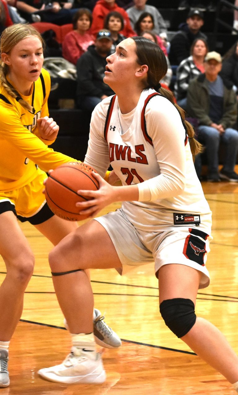 Lady Owl senior Brooklynn Davenport (21) led Marshall in scoring with 11 points, but MHS feel to Kirksville 56-24 in North Central Missouri Conference action on the road last Friday night. The Lady Owls dropped to 1-3 in the NCMC and 3-7 overall, while the Lady Tigers improved to 3-0 and 6-3, respectively. (File Photo Hobby King/Democrat-News)
